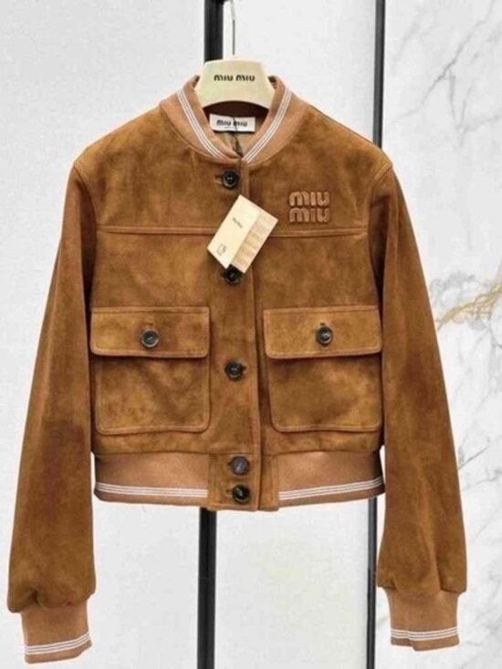 Meet the Posher Jackets & Blazers - Miu Miu Brown Suede Cropped Bomber Jacket Logo Button Front Pockets